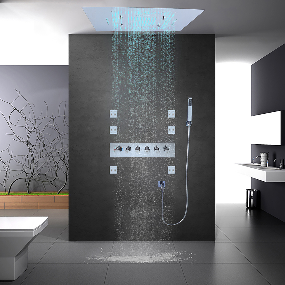 Luxury Bathroom Rainfall Shower Heads Ceiling Waterfall SPA mist LED 5 Ways Thermostatic Shower Diverter Faucets set system