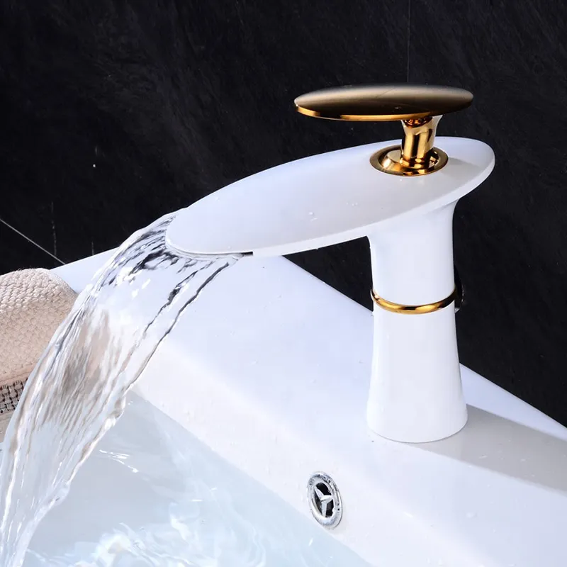 Modern Bathroom Brass Water Mixer Tap White Gold  Waterfall Basin Faucet Hot and Cold Water