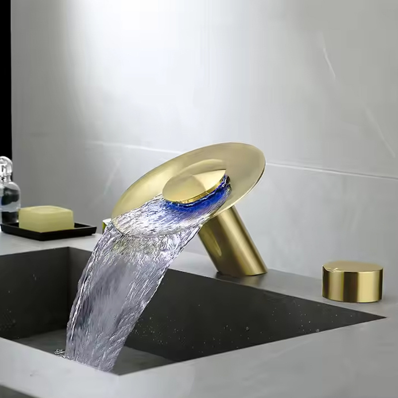 Three hole waterfall LED brushed gold 3 holes 2 handle bathroom sink faucet luxury tap basin gold mixer