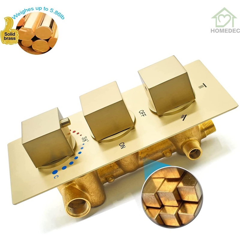 Brushed Gold 3 Ways Shower Diverter Valve and Trim Kit Thermostatic Brass Shower Mixing Valve for Shower System