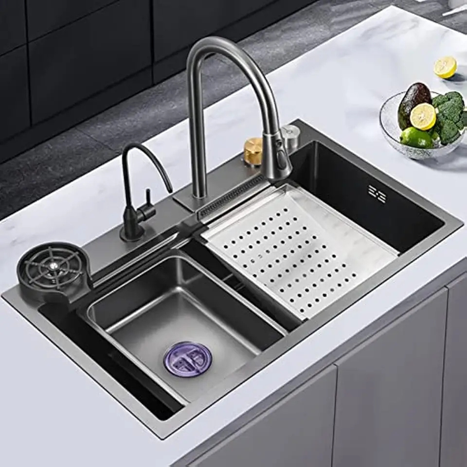 Modern fashion sus304 waterfall multifunction smart stainless steel sink glass rinser kitchen sinks