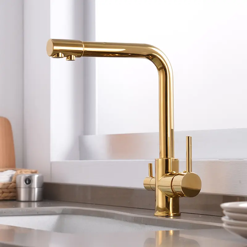 Modern Brass double Handle Gold Water Filter drinking faucet, Hot and Cold water 3 way Kitchen Faucet