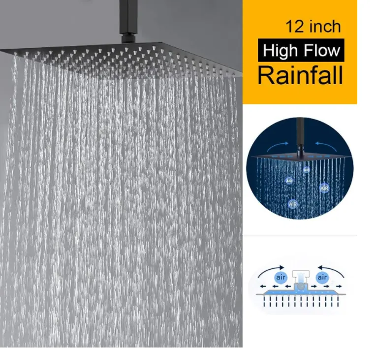 12 inch Matte Black Rainfall shower head  Bathtub Combo, Shower System with Tub  Waterfall Spout Faucet Set