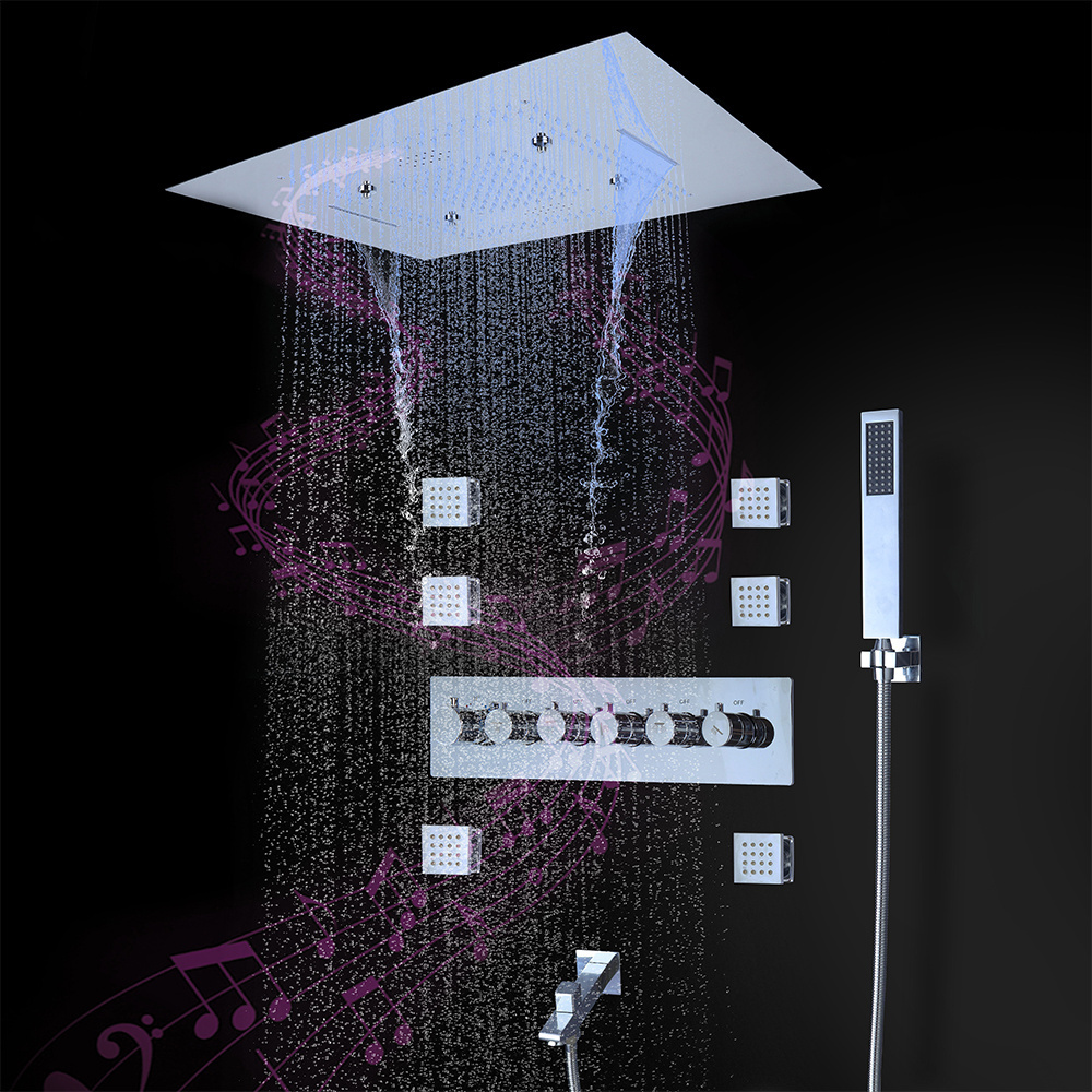 Luxury Bathroom Rainfall Shower Heads Ceiling Waterfall SPA mist LED 5 Ways Thermostatic Shower Diverter Faucets set system