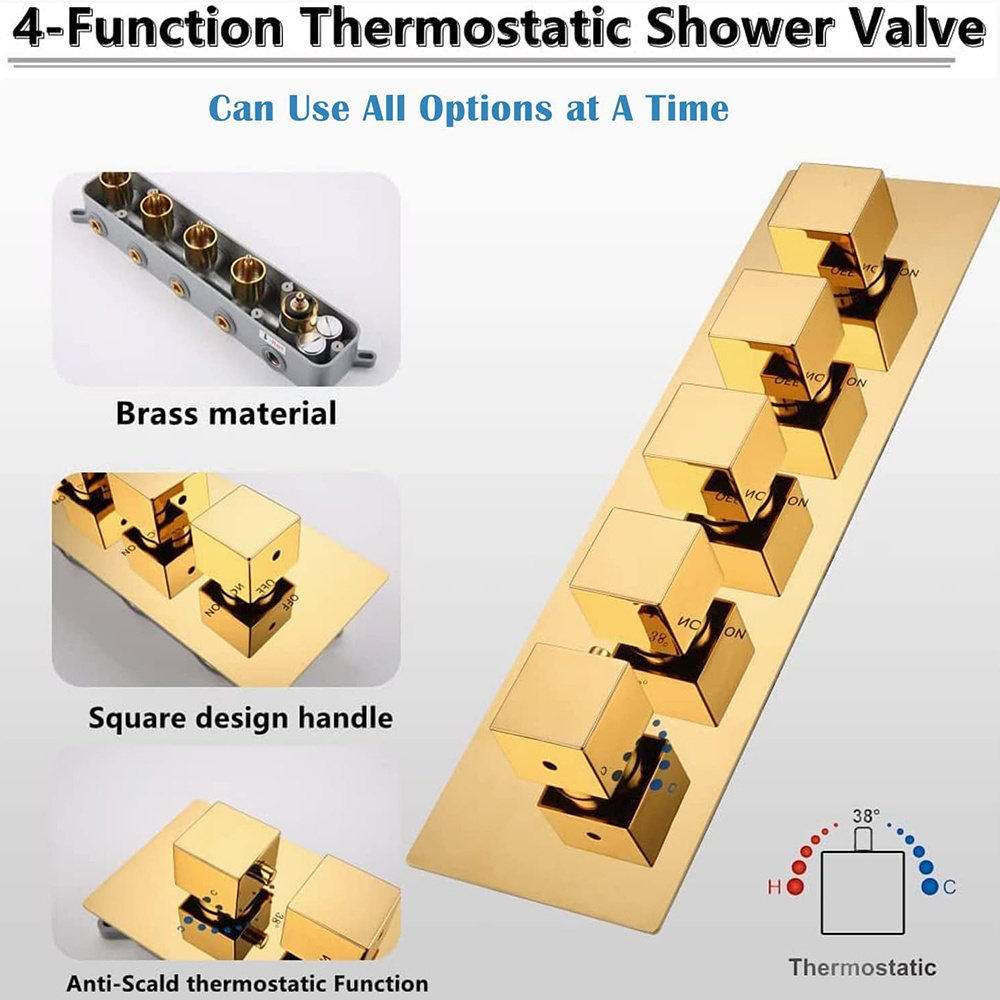 High Quality  16 inches Brass LED Thermostatic Shower Sets Four Functions Rain Shower Faucets Sets Gold Shower System Set