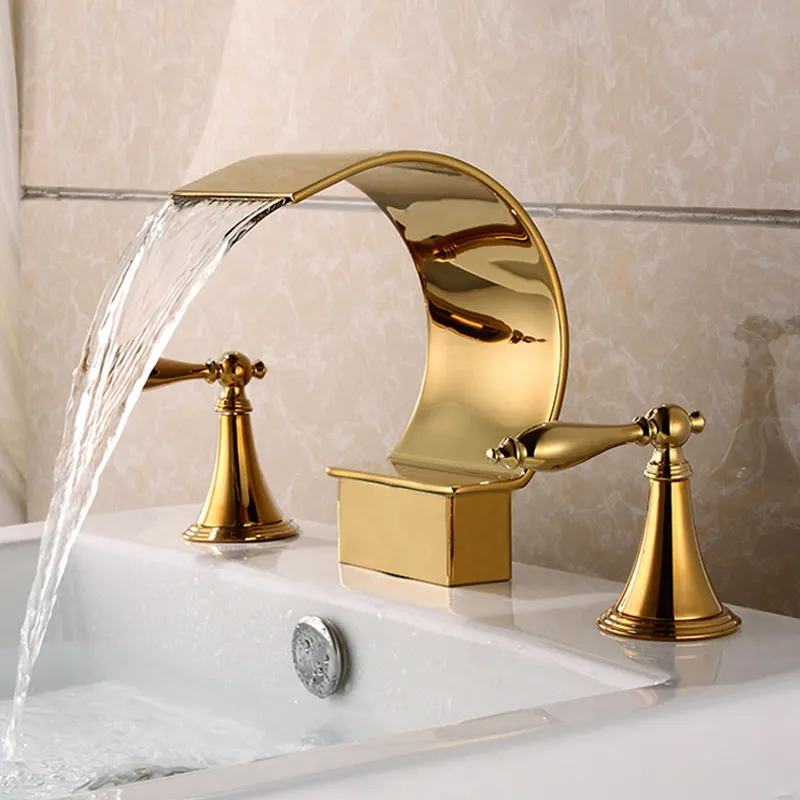 Modern Art Waterfall Widespread Gold brass Bathroom Sink Faucet Double Handles Vanity Basin Mixer Tap