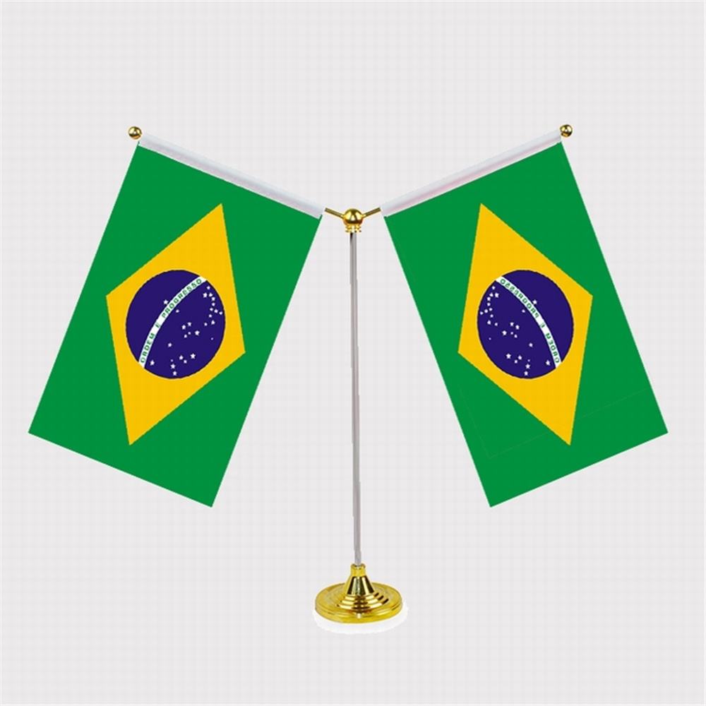 Custom double national banner Brazil all countries table flag printed advertising banner metal stand with pole