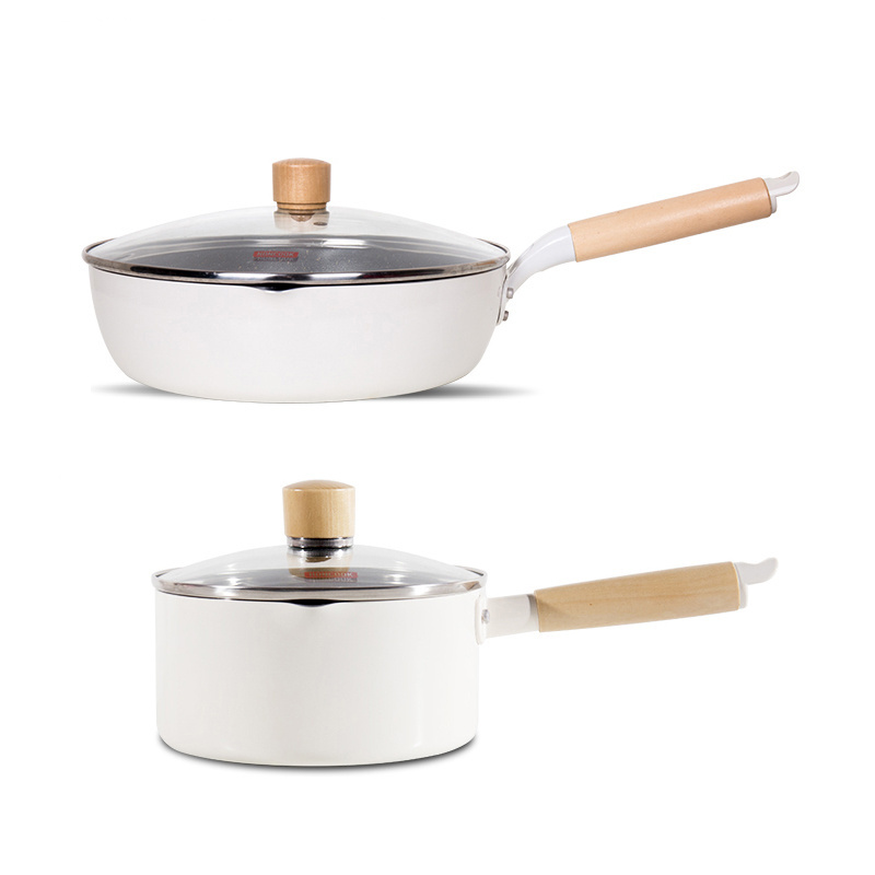 8PCS High Quality Cookware White Aluminum Non Stick ceramic cookware sets Wooden Handle Induction Bottom