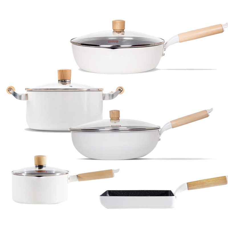 8PCS High Quality Cookware White Aluminum Non Stick ceramic cookware sets Wooden Handle Induction Bottom