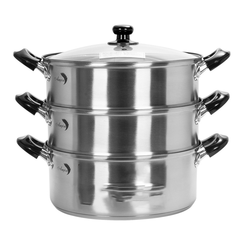 High Quality 430 stainless steel 3 layer cooking food steamer pot  induction with glass lid