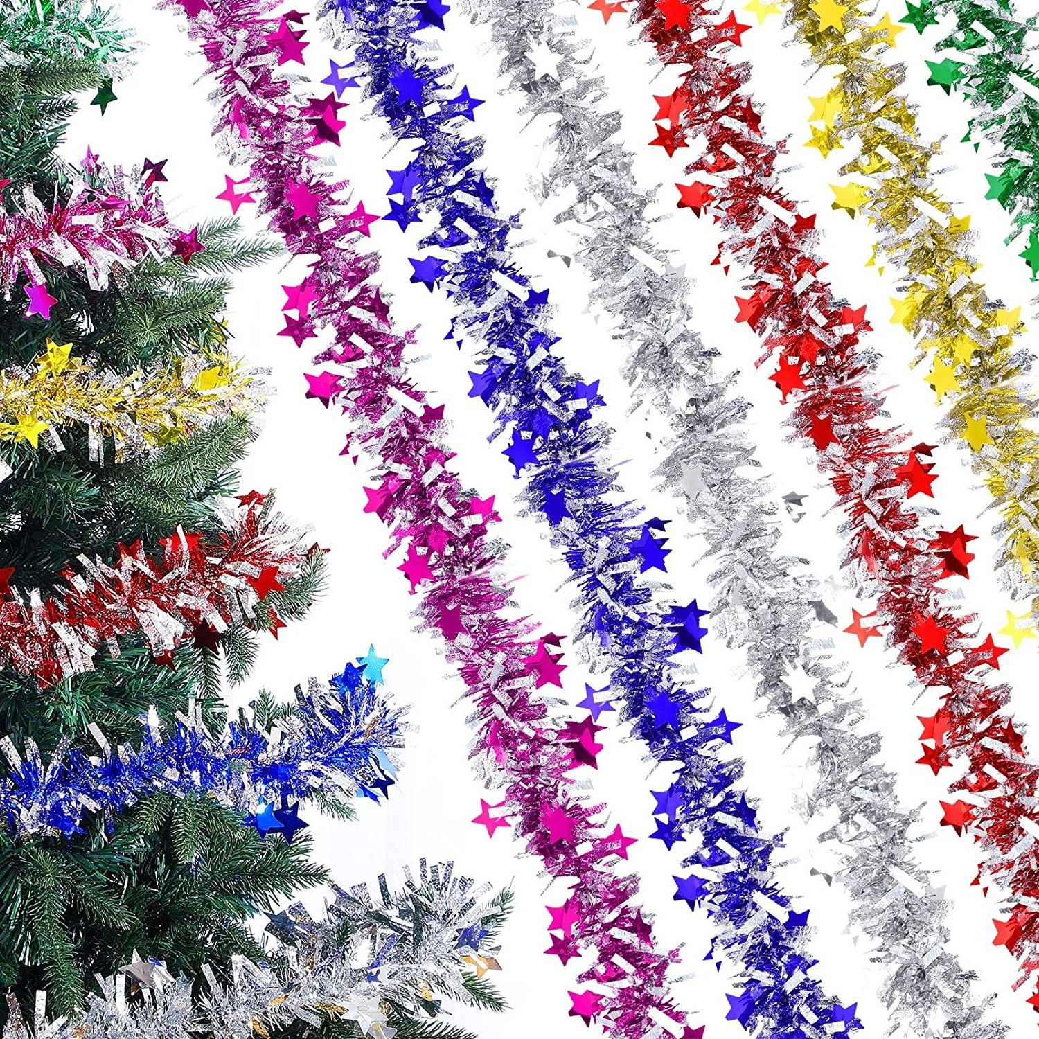 Christmas Tree Garland 2 Meters Star Garland Metallic Tinsel Twist Red Green Silver Gold Foil Madder Garland Holiday Decorations