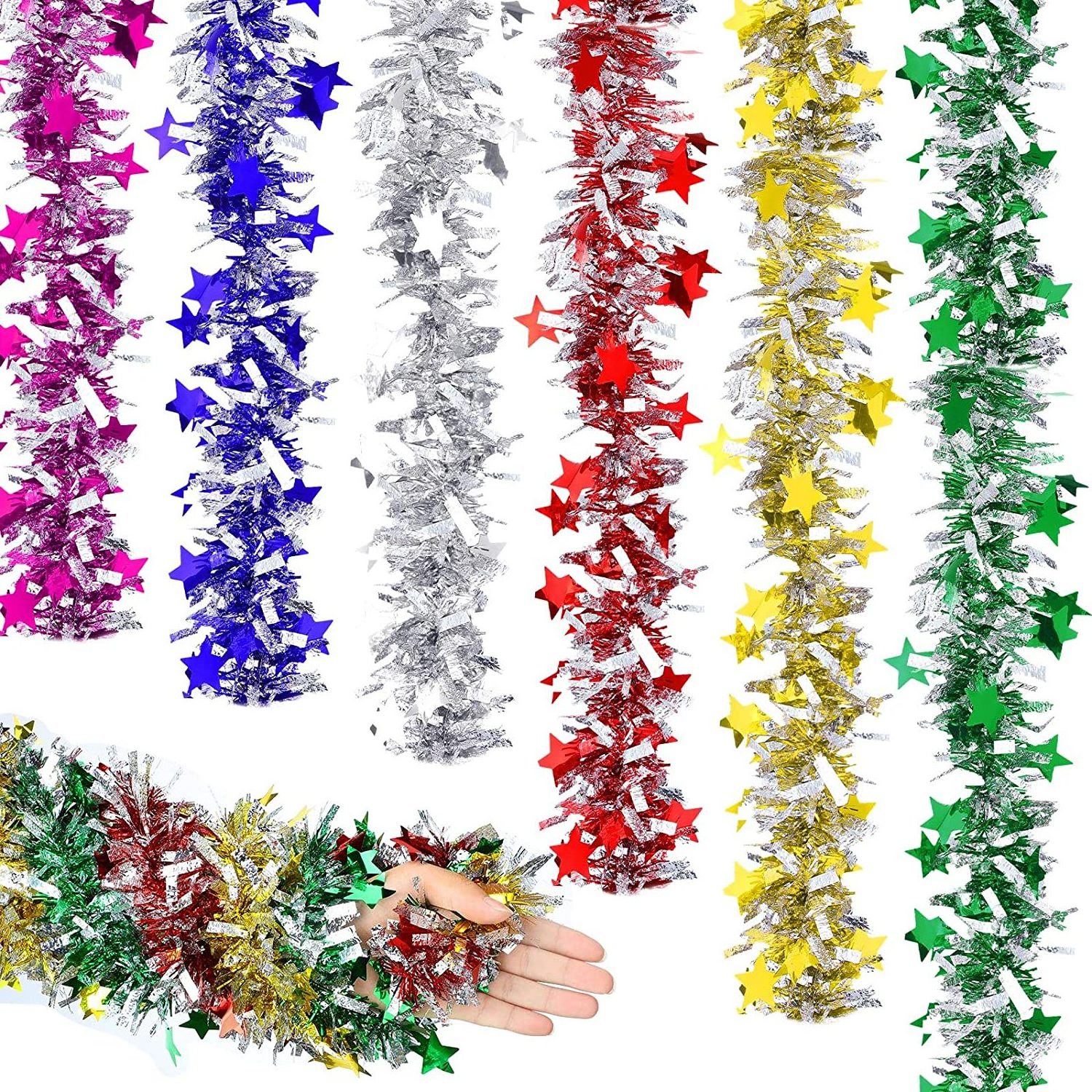 Christmas Tree Garland 2 Meters Star Garland Metallic Tinsel Twist Red Green Silver Gold Foil Madder Garland Holiday Decorations