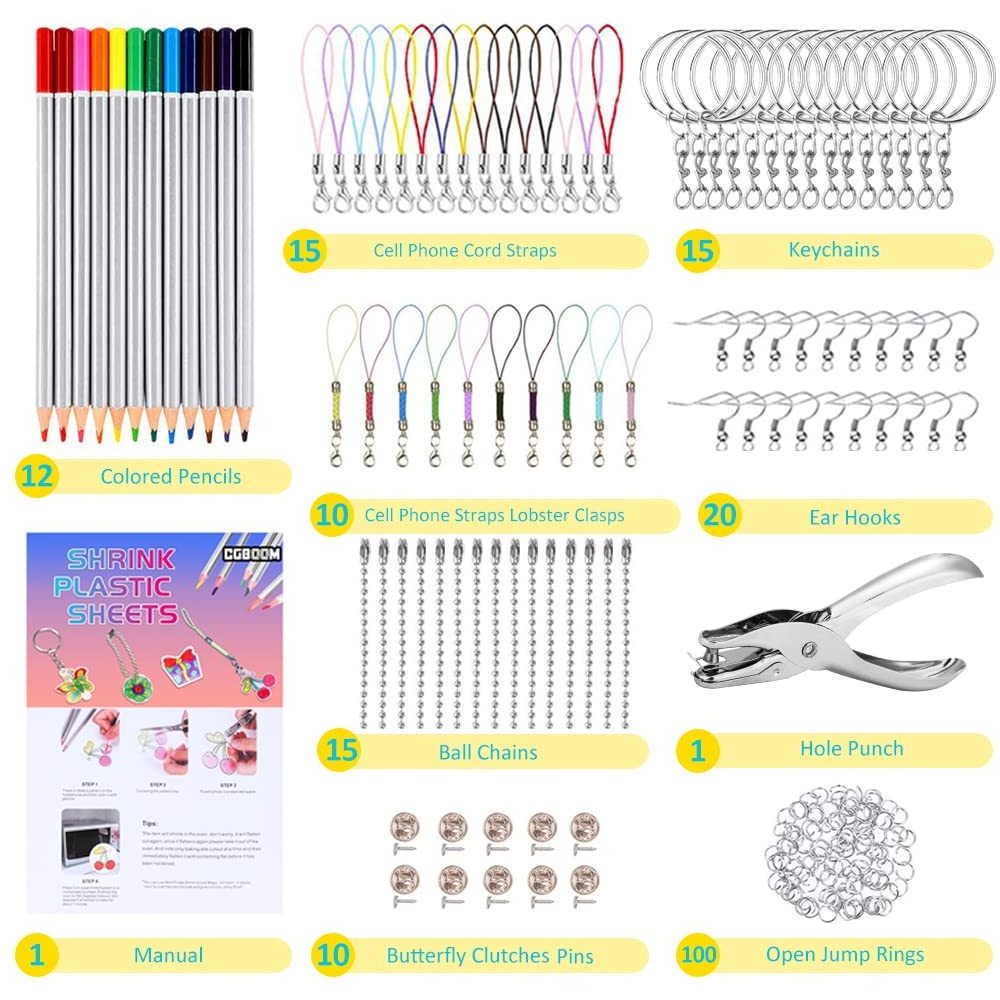 Heat Shrink Film Sheets for Shrinky Dink Plastic Kit Including Shrink Art Paper Hole Punch Pencils for Crafts and Key chain