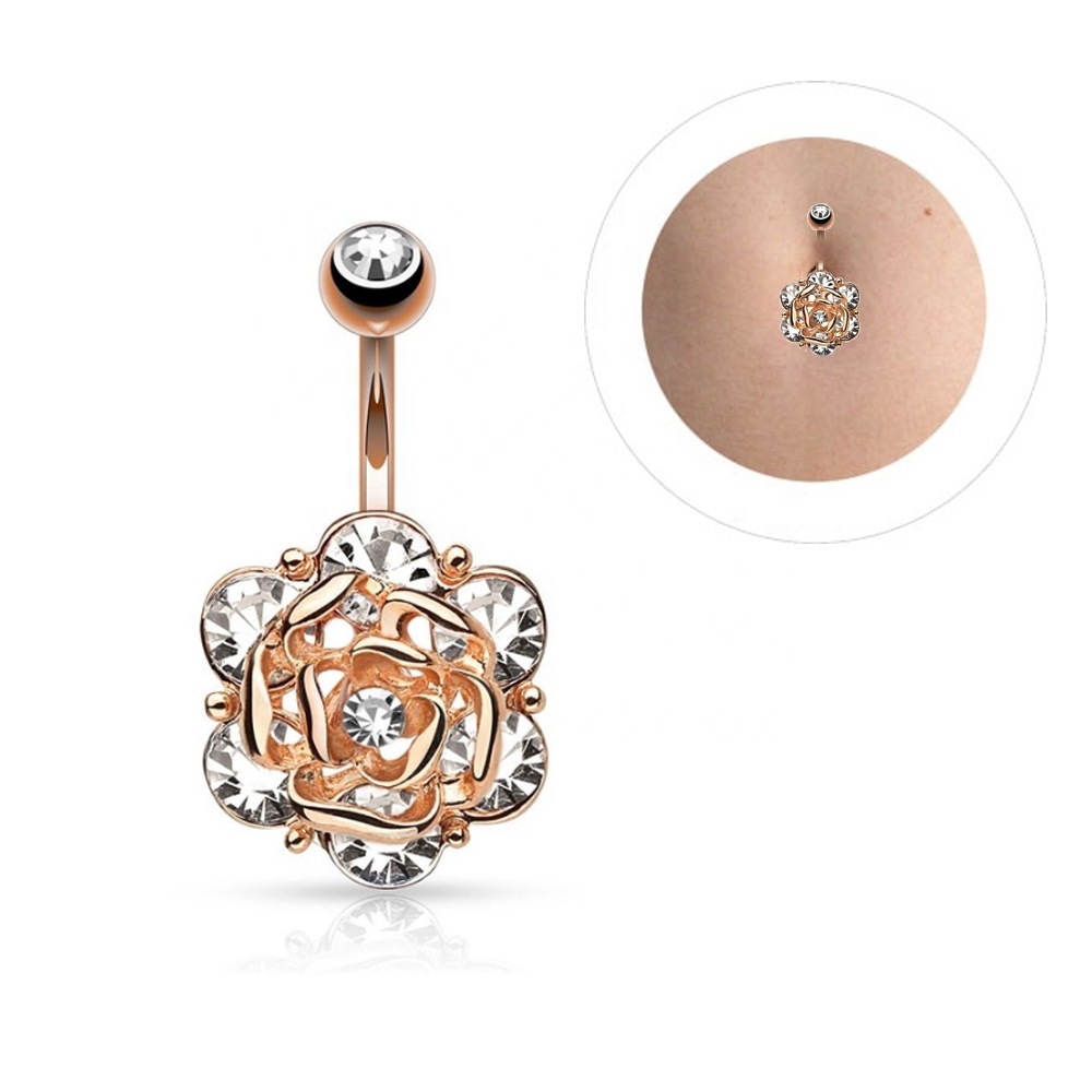 2019 Sexy rose design crystal curved barbell steel navel belly rings piercing