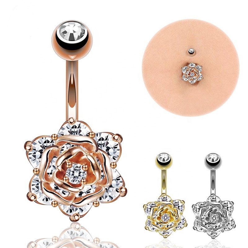 2019 Sexy rose design crystal curved barbell steel navel belly rings piercing