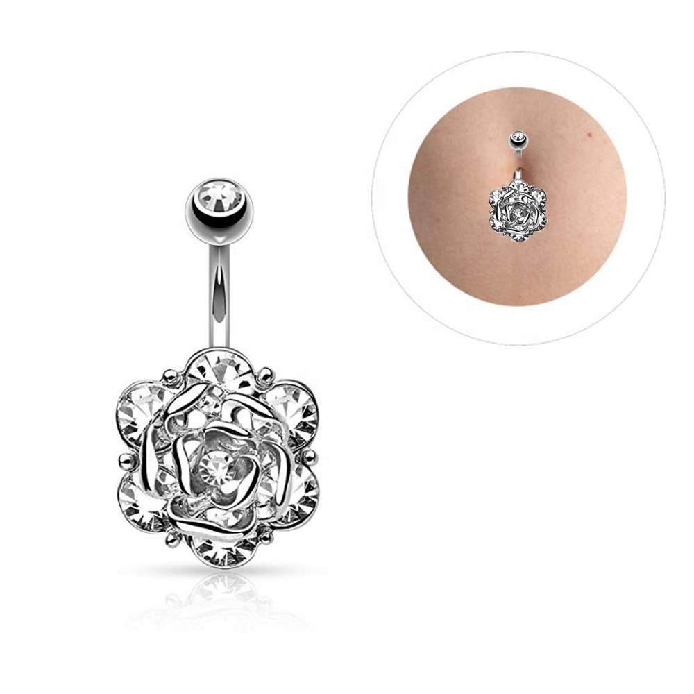 2019 Sexy rose design crystal curved barbell steel navel belly rings piercing