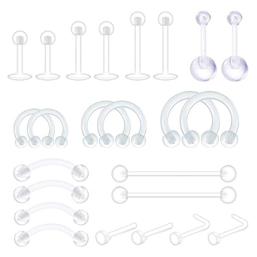 24pcs Piercing Kit Body Piercing Retainer Flexible Acrylic Helix Hoop Bioflex Nose Lip Stud Eyebrow Horseshoe Rings