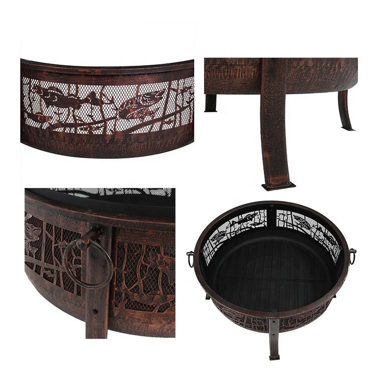 Black Large Fishing Fire Pit Heating  Fireplace Round Wood Burning Fire Pit for Patio Backyard Garden with Spark Screen