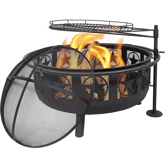 Black All Star Fire Pit Bowl Includes BBQ Cooking Grate Spark Screen 30 inch Fire Pit with 360 Degree Barbeque Cooking Grate