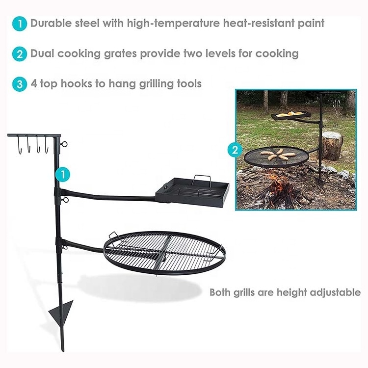 Dual Grate Adjustable Swivel Campfire Grill Fire Pit Cooking Grill with Ground Stake Stand for Open Flame Cooking