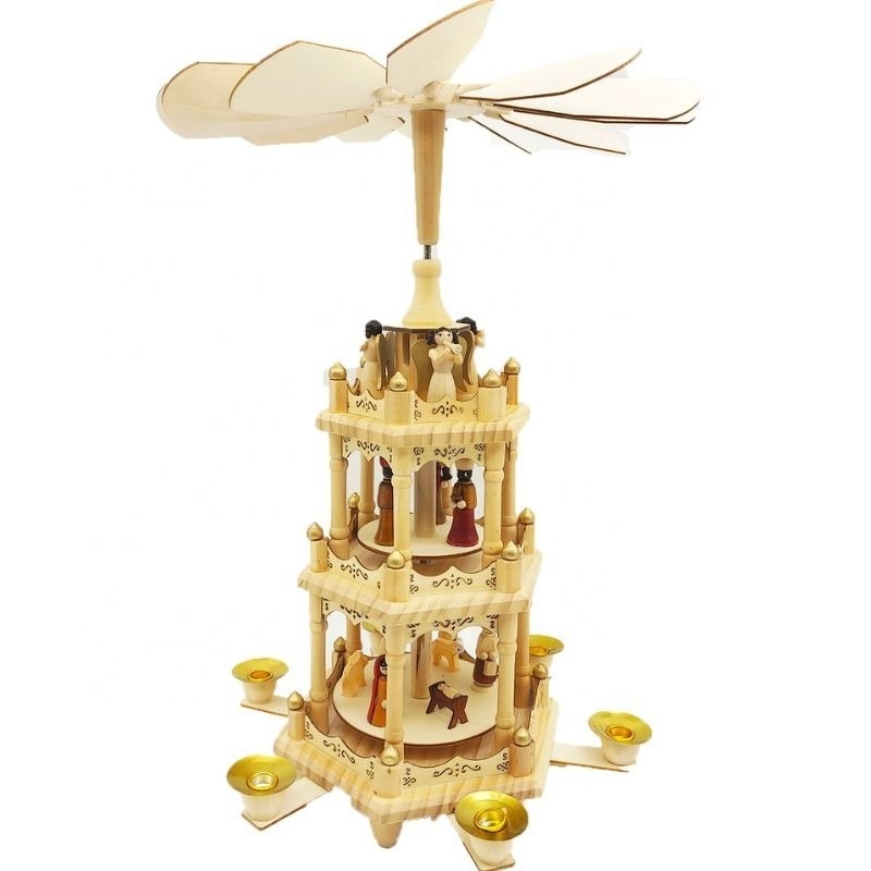 Christmas Decoration Pyramid Wood Nativity Scene Set-Under The Christmas Tree 3 Tiers Carousel&6 Candle Holders