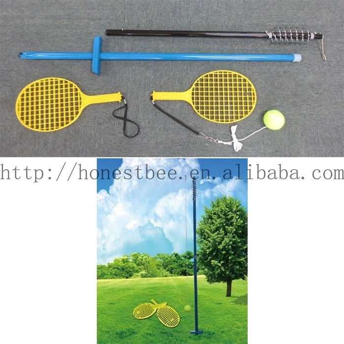 Tennis Trainer Swing Train Game Set with Pole 2 Racquets and Ball with String Fun Classic Outdoor Activity for Kids and Adults