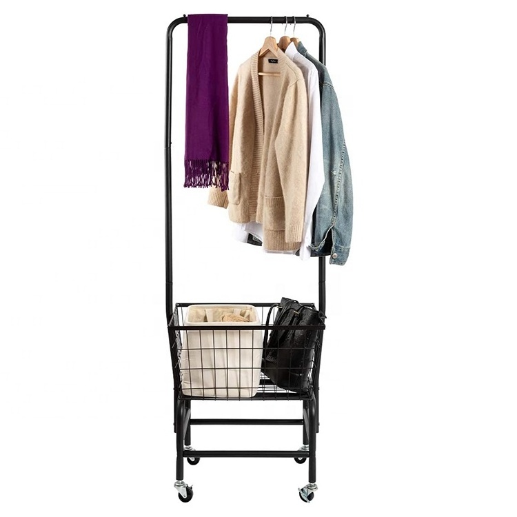 Black Metal Storage Laundry Cart Standing Clothes Rack With Wire Storage Rack and Wheels  for Home Bedroom Laundry