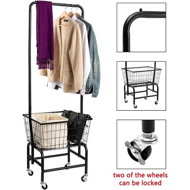 Black Metal Storage Laundry Cart Standing Clothes Rack With Wire Storage Rack and Wheels  for Home Bedroom Laundry