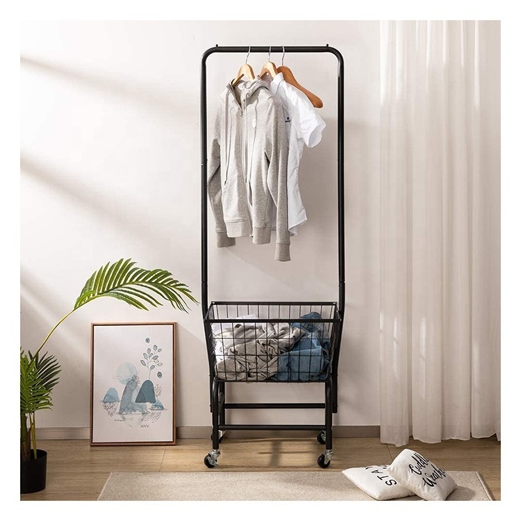 Black Metal Storage Laundry Cart Standing Clothes Rack With Wire Storage Rack and Wheels  for Home Bedroom Laundry