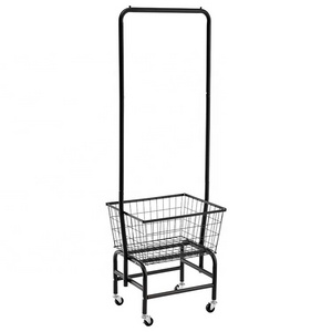 Black Metal Storage Laundry Cart Standing Clothes Rack With Wire Storage Rack and Wheels  for Home Bedroom Laundry