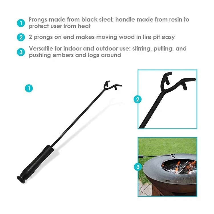 Durable Fireplace Tongs Heat Resistant Tool Portable Black Fire Pit Poker with Resin  Handle and 2 Prongs