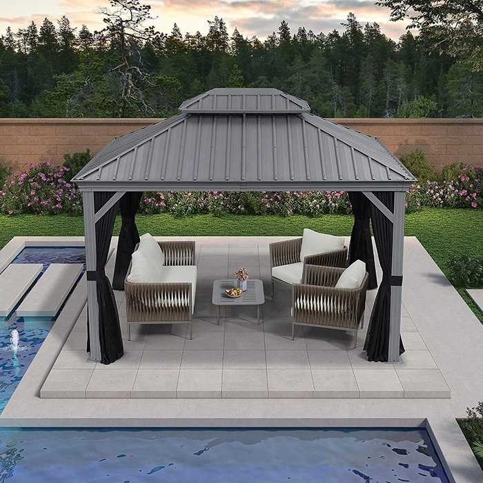 Light Grey Aluminum Frames Hardtop Gazebo with Nettings Curtains 10' x 12' Gazebo for Patio Deck Backyard