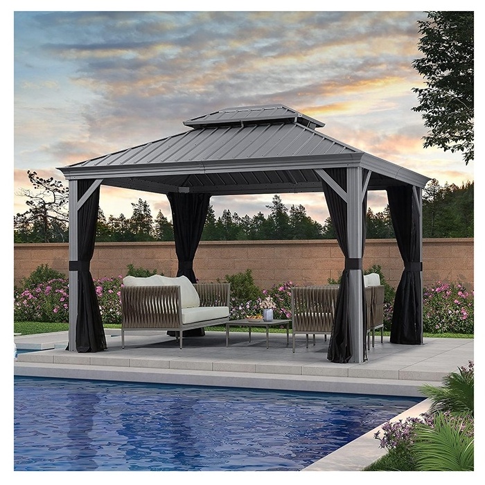 Light Grey Aluminum Frames Hardtop Gazebo with Nettings Curtains 10' x 12' Gazebo for Patio Deck Backyard