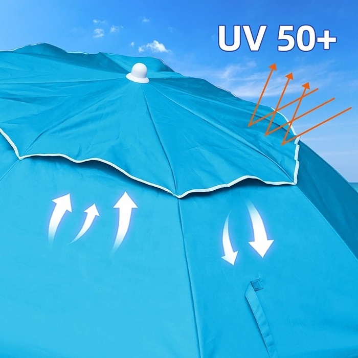 6ft Folded PortableTravel Beach Umbrella with Sand Anchor Tilt Air Vent UV Protection Compact Beach Umbrella Blue