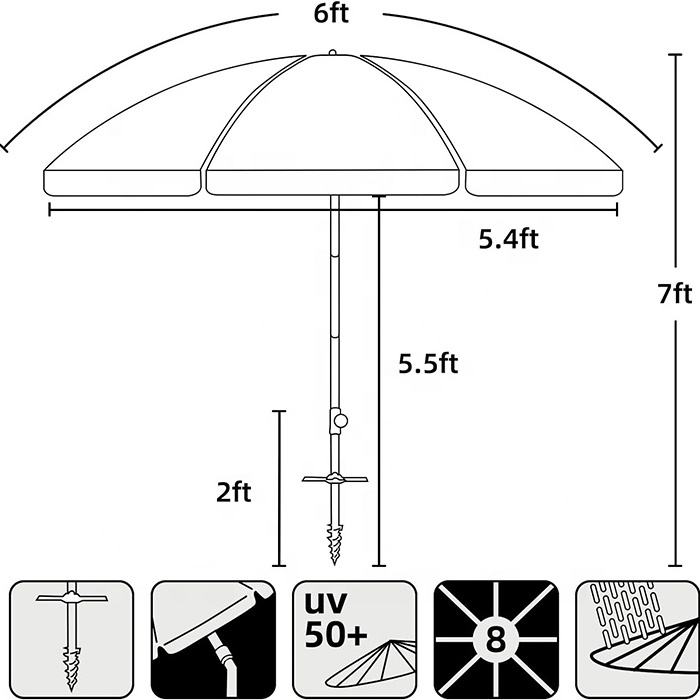 6ft Folded PortableTravel Beach Umbrella with Sand Anchor Tilt Air Vent UV Protection Compact Beach Umbrella Blue