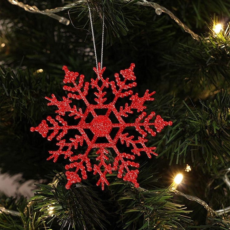 3pcs Snow Flake New Year Party Redplastic Decorations Glitter Christmas Snowflake Indoor Ornament Set for Winter Christmas Tree