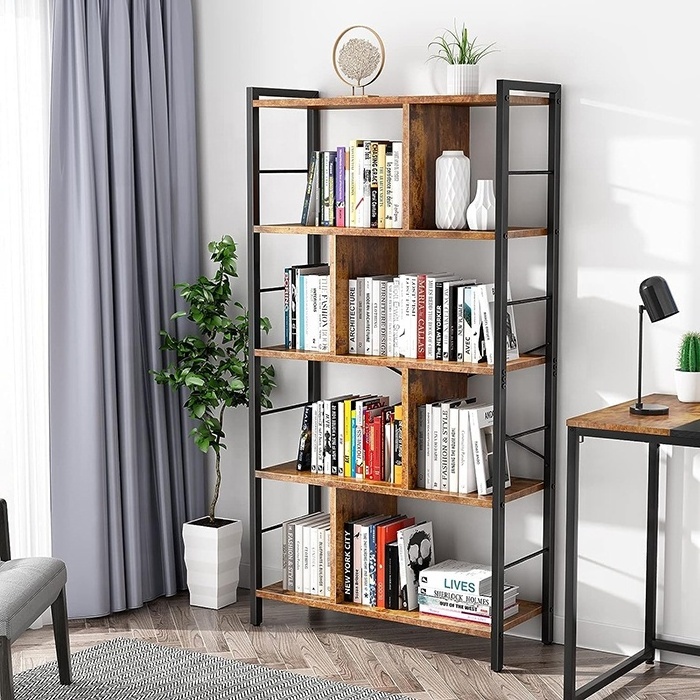 5-Tier Tall Industrial Bookcase Wood Metal Frame Standing Bookshelf Storage Rack for Bedroom Living Room Office Rustic Brown