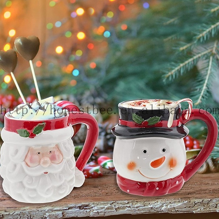 15 Ounce Christmas Ceramic Classic Santa Heads Snowman Drinking Mugs White 3D Coffee Winter Figural Mugs Cup Xmas Gifts