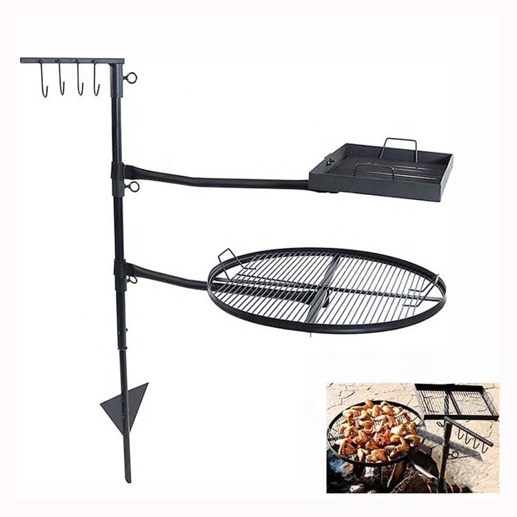 Dual Grate Adjustable Swivel Campfire Grill Fire Pit Cooking Grill with Ground Stake Stand for Open Flame Cooking