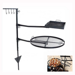 Dual Grate Adjustable Swivel Campfire Grill Fire Pit Cooking Grill with Ground Stake Stand for Open Flame Cooking