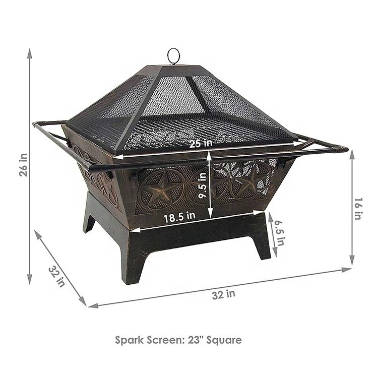 Outdoor Large Square Fireplace Wood Burning Firepit Galaxy Fire Pit with Poker Mesh Cap Cooking Grate for Patio or Backyard