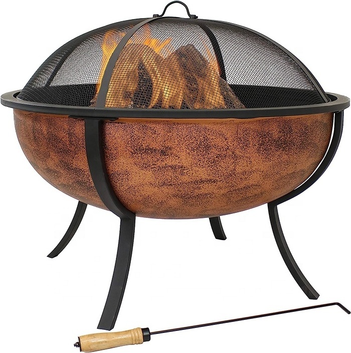 32-Inch Steel Fire Pit Bowl Includes Spark Screen Wood Grate Poker High-Temperature Copper Surface