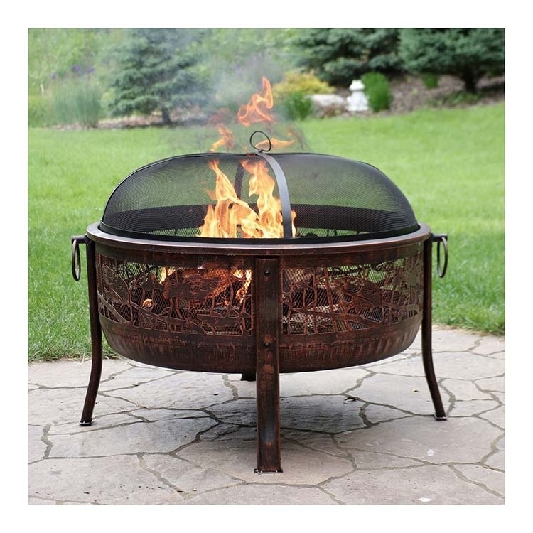 Black Large Fishing Fire Pit Heating  Fireplace Round Wood Burning Fire Pit for Patio Backyard Garden with Spark Screen