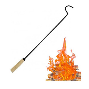 Portable Steel Camping Fireplace Tool Heavy Duty Fire Pit Poker Stick with Wooden Handle for Fireplace Wood Stove and Campfire