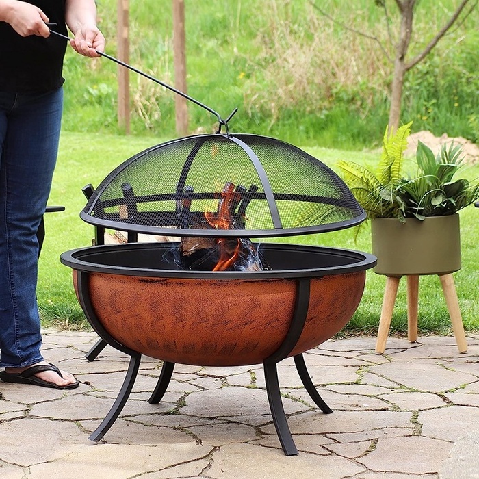 32-Inch Steel Fire Pit Bowl Includes Spark Screen Wood Grate Poker High-Temperature Copper Surface