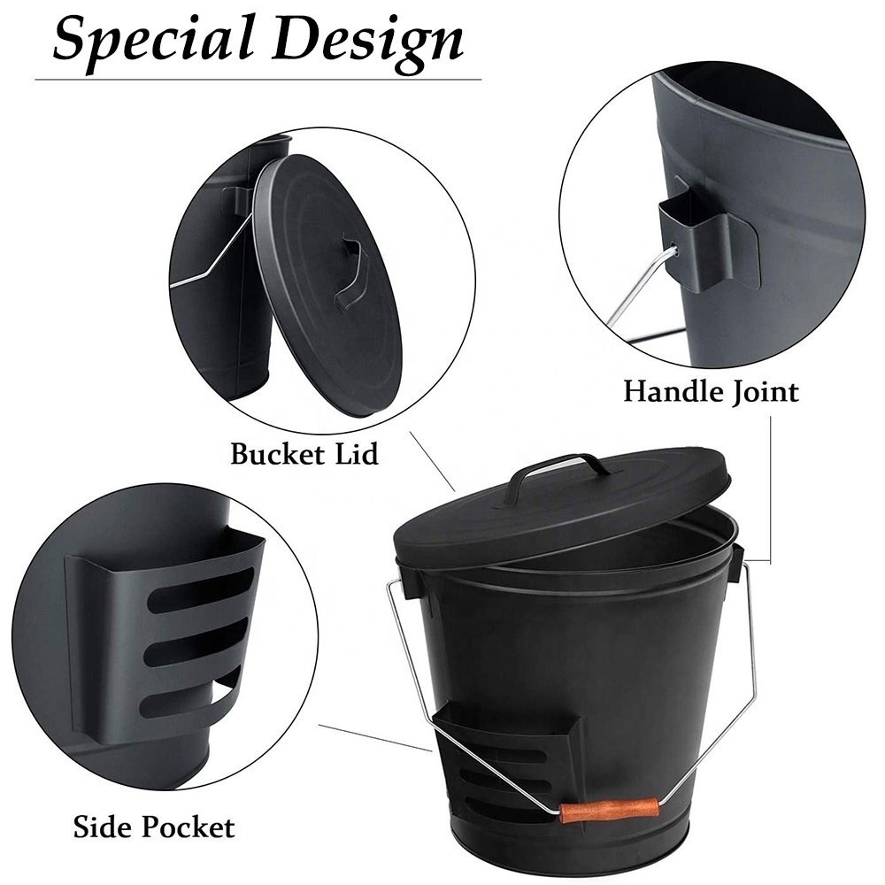 Large Metal Buckets Pail Ash Can Fireplace Ash Bucket with Lid and Shovel  Coal Pellet Hot Wood Carrier Pail Tools for Fire Pits