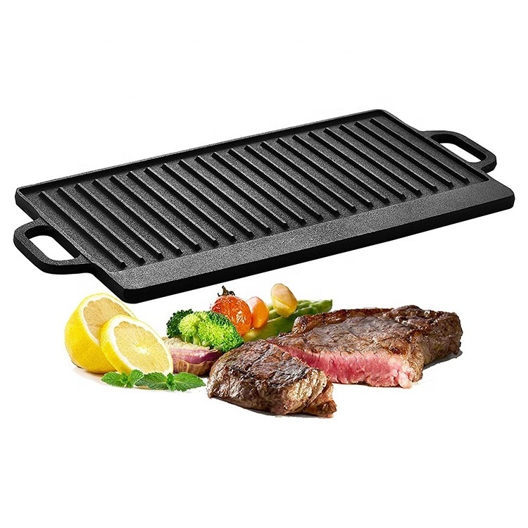 Pre Seasoned Reversible Kitchenware Grill Plate Black Cast Iron Griddle Pan with Double  Handles for BBQ and Camping