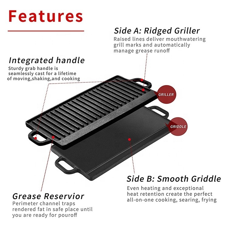 Pre Seasoned Reversible Kitchenware Grill Plate Black Cast Iron Griddle Pan with Double  Handles for BBQ and Camping