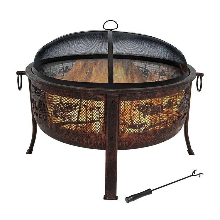 Black Large Fishing Fire Pit Heating  Fireplace Round Wood Burning Fire Pit for Patio Backyard Garden with Spark Screen