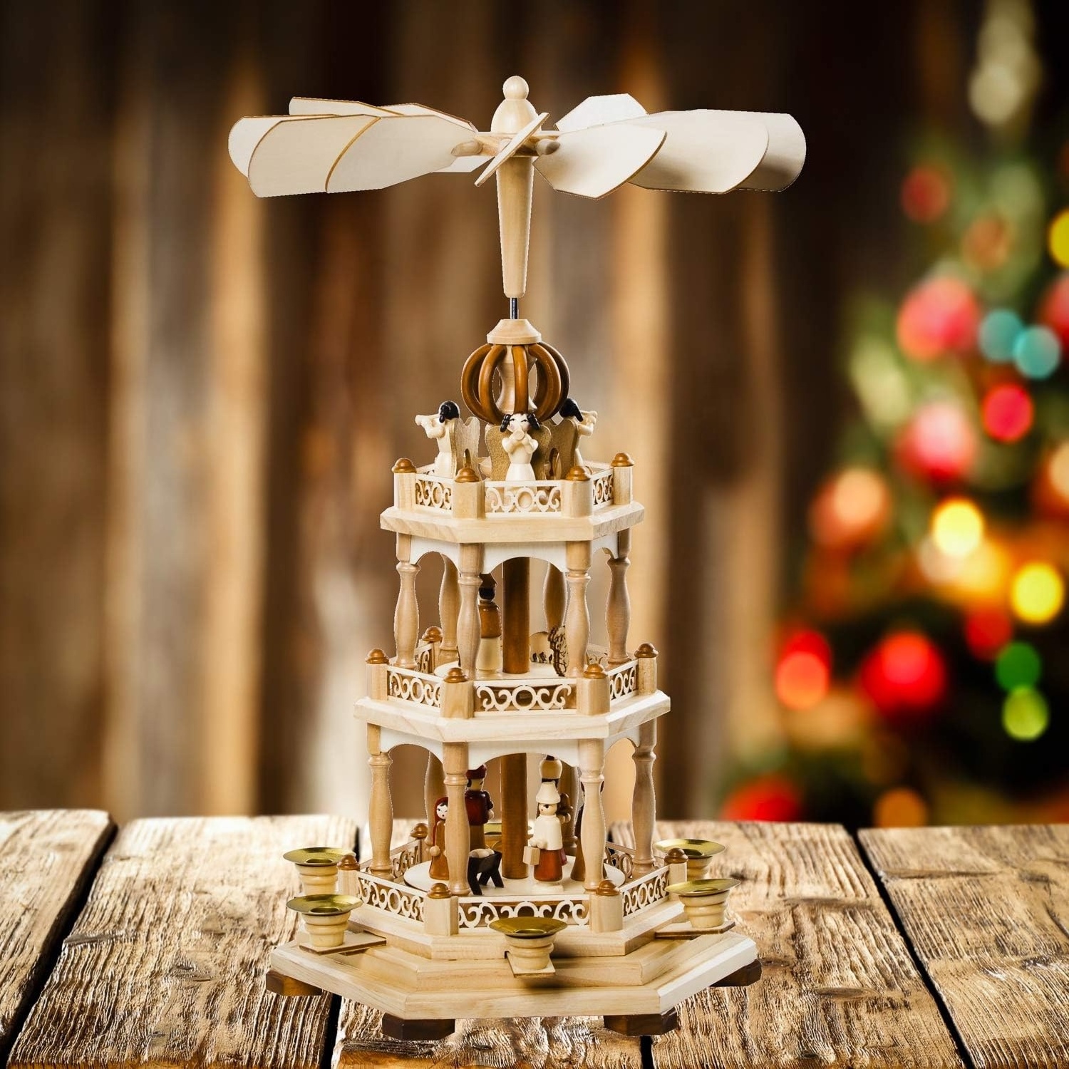 Christmas Decoration Pyramid Wood Nativity Scene Set-Under The Christmas Tree 3 Tiers Carousel&6 Candle Holders